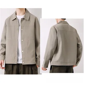 Detailed front and back view of men's khaki waffle textured jacket with snap buttons