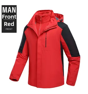 Close-up of red and black waterproof outdoor jacket with warm fleece liner and hood