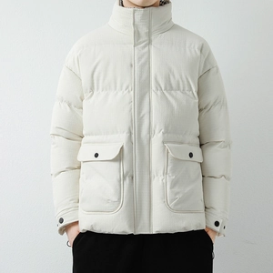 Men's minimalist cream white puffer jacket with stand collar and large flap pockets