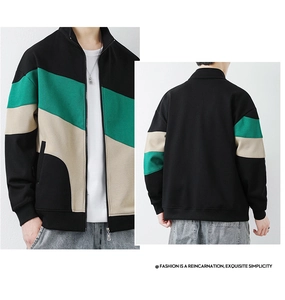 Front and back view of men's color-block stand collar jacket with ribbed cuffs