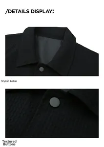 Detail view of black waffle texture jacket featuring classic lapel and matte buttons
