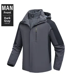 Front view of 3-in-1 outdoor jacket in dark grey with inner fleece and hood