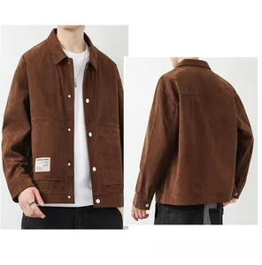 Detail view of brown corduroy men's jacket with white buttons and brand patch