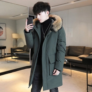Men Mid-Length Hooded Padded Jacket With Thick Fur Collar Winter Warm Windproof Parka Outdoor Casual Polyester Coat