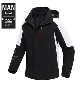 Detail of waterproof orange zipper and black-and-white color block on men's jacket