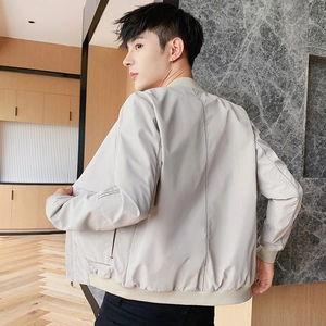 Veste de baseball homme gris beige, coupe ajustée décontractée avec finitions bords-côtes