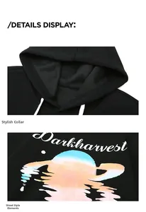 Détail de l'encolure à capuche avec cordon de serrage et imprimé Darkharvest sur sweat noir