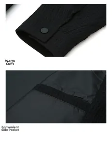 Detail of warm black waffle texture cuffs with matte buttons and convenient side pockets