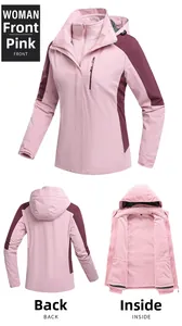Front, back and interior view of a pink three-in-one waterproof hiking jacket with fleece