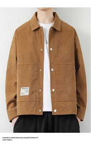 Detail of premium brown corduroy jacket featuring metal snap buttons and woven label