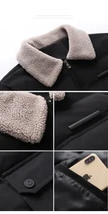 Detailed close-up of winter jacket featuring lamb wool collar, metal zipper and inner pocket
