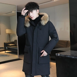 Men's black mid-length hooded parka with thick fur trim and utility cargo pockets