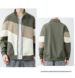 Front and back views of color-block knit jacket with stand collar and metal zipper detail