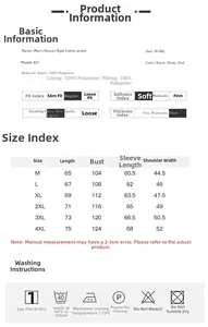 Detailed size chart with measurements and care instructions for men cotton jacket