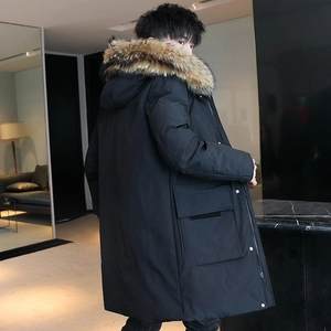 Men's heavy hooded parka in black with premium faux fur trim and windproof fabric