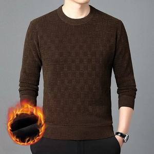 Pull thermique homme chenille marron foncé avec texture géométrique et doublure polaire