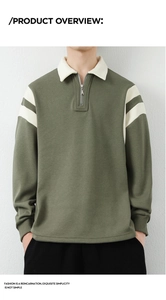 Detail of olive green men's sweatshirt with white contrast zip collar and stripes