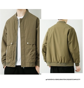 Detailed front and back view of men's olive green casual bomber jacket with ribbed cuffs
