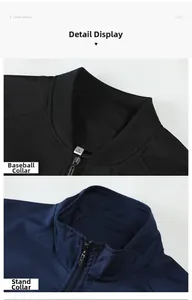 Detail of ribbed baseball collar and navy stand collar zippers on winter thermal jackets