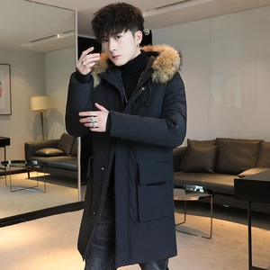 Men's hooded long parka coat with luxury faux fur collar and workwear pockets in black