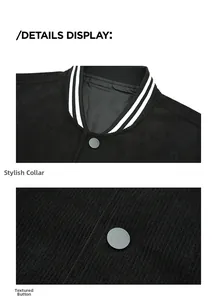 Detail view of black corduroy varsity jacket with striped collar and matte round buttons