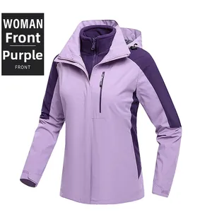 Detail of a purple 3-in-1 women's jacket with waterproof shell and fleece lining