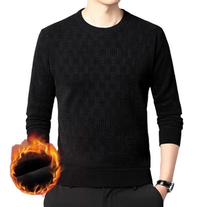 Pull en chenille noir pour hommes avec doublure polaire chaude et motif carré texturé