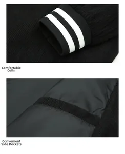 Detail view of black jacket with double white stripes on ribbed cuffs and side pockets