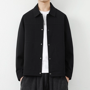 Men's minimalist black waffle jacket with lapel collar and metal snaps for casual wear