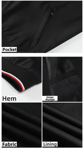Detail of men's jacket featuring zipper pockets, ribbed striped hem and premium windproof fabric