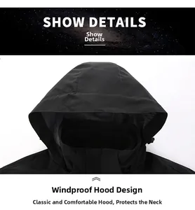 Detail view of the windproof hooded design and adjustable drawstrings on the outdoor jacket