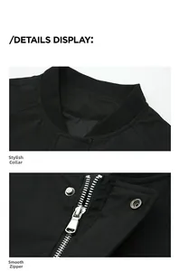 Detail view of a men's black jacket featuring a ribbed collar and metallic zipper hardware