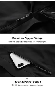 Detail of waterproof outdoor jacket showing smooth zipper, security pocket and warm fleece lining