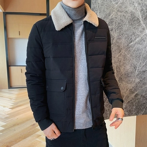 Men's black quilted winter jacket with beige lamb wool collar and large utility pockets