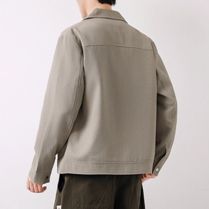 Men's waffle knit jacket in khaki grey featuring minimalist back seam and casual fit