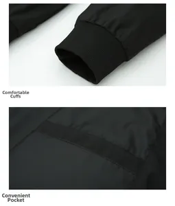 Detail view of the black jacket featuring ribbed elastic cuffs and convenient side pockets
