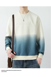 Detailed view of Peacheat embossed logo on gradient blue and white cotton sweatshirt