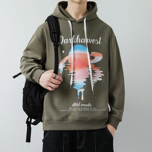 Sweat à capuche vert olive avec imprimé vintage américain et coupe décontractée