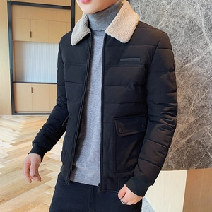 Men's winter short quilted jacket in black with off-white faux lamb wool collar
