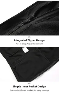 Detail of 3-in-1 jacket connecting zipper and secure inner pocket on black fleece liner
