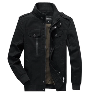 Men's outdoor cotton cargo jacket with stand collar and multiple pockets in black