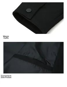 Detail der warmen Ärmelbündchen mit Metallknöpfen und praktischen Taschen der schwarzen Jacke