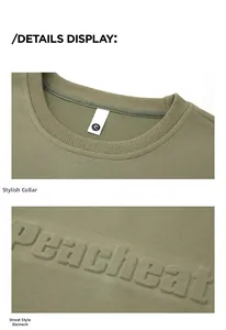Close-up of olive green crew neck with 3D embossed logo and fine knitted texture