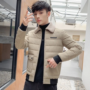 Men's winter puffer jacket in khaki with faux lamb wool collar and quilted design