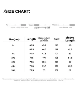 Detailed size chart for men's loose corduroy jacket with measurements from M to 5XL