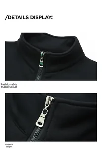 Detail view of stylish stand collar and smooth metal zipper on black casual jacket