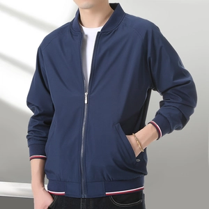 Men's Casual Bomber Jacket Stand Collar Thickened Windproof Outerwear Acetate Fiber Solid Color Zipper Jacket Striped Cuffs