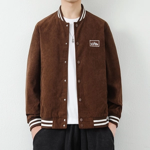Men's retro brown corduroy baseball jacket with striped ribbed trim and snap buttons