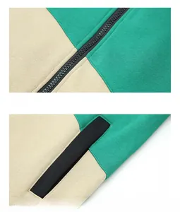 Detail of color-block jacket showing high-quality zipper and stylish slanted pocket design