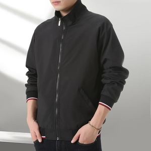 Men's black baseball collar thermal jacket with red and white striped ribbed trim